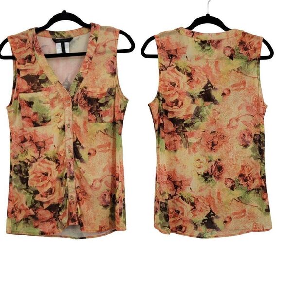 BCBGMaxAzaria Sleeveless Blouse Top L Floral Mesh Button Down V-neck Feminine - Picture 1 of 14